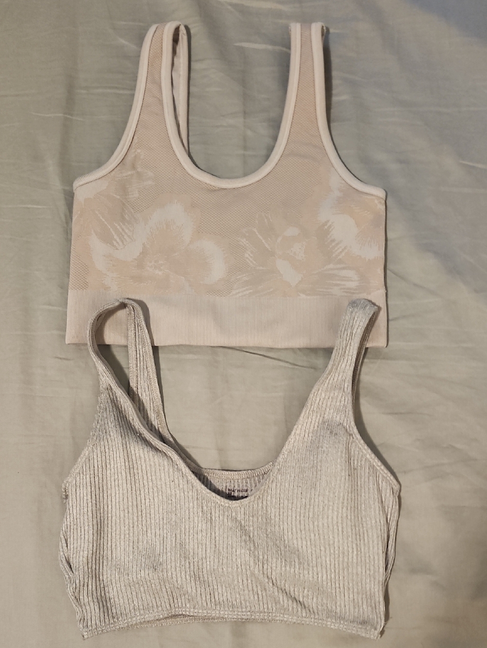 aerie Beige Floral and Light Taupe Ribbed Bralette Duo